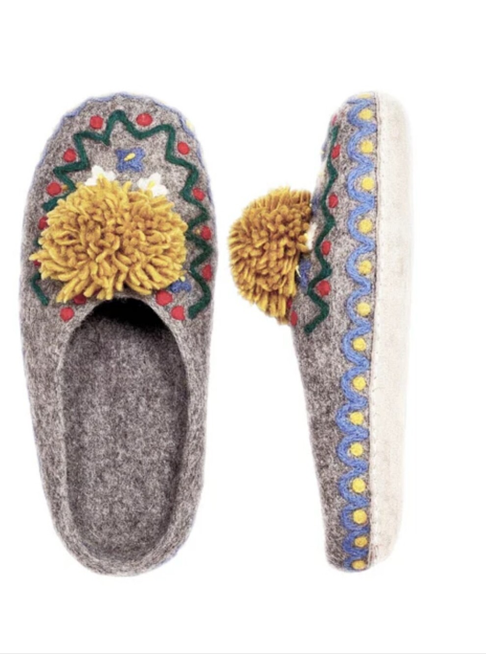 French Knot Lena Handcrafted Grey Wool Pom-Pom Slippers New With Tag